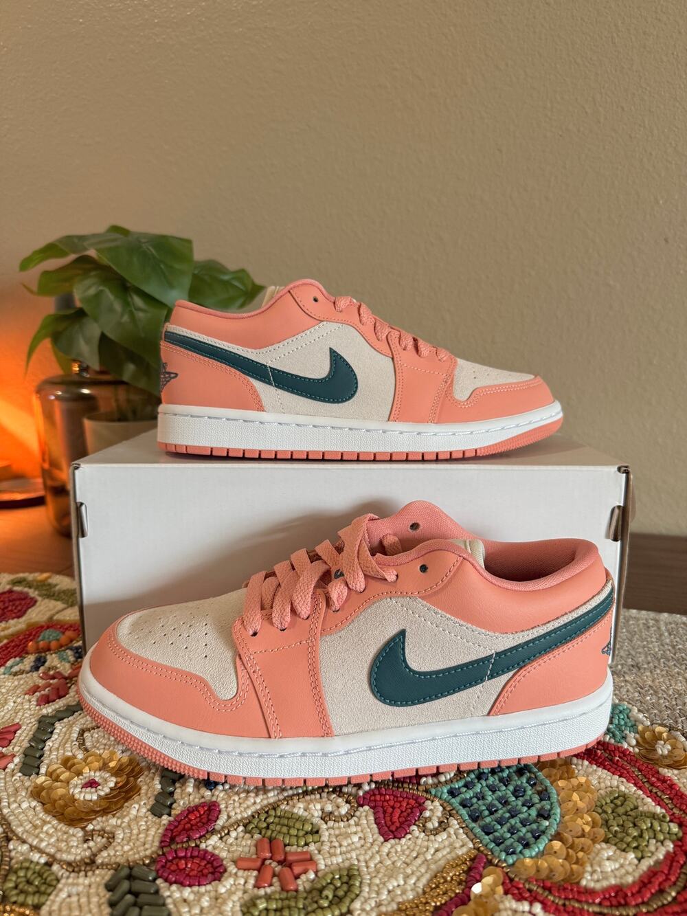 Women's Jordan 1 Low Light Madder Root Pink Dark Teal Particle Beige DC0774 800